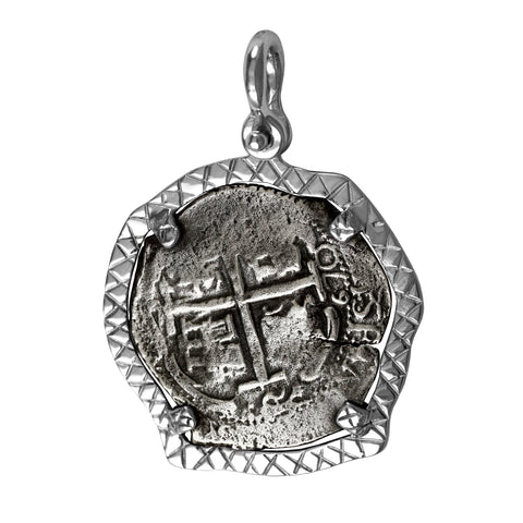 Atocha Silver 1 3/4" Replica Coin Pendant with Textured Bezel & Shackle Bail - Item #18203