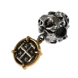 Skull and Crossbones Bead with Atocha Silver Historical Spanish Replica Coin Dangle- Item #19249a