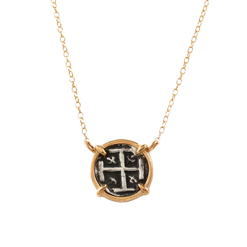 Atocha Silver and 14kt Gold Petite Coin Necklace with Historical Spanish Coin Replica -Item #21169