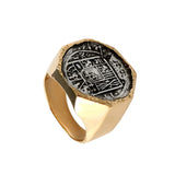 Atocha Silver historical Spanish coin replica ring handcrafted in 14kt gold or 925 sterling silver. Each ring is completely handcrafted in Florida, USA.  All coins are made from an 80lb bar of 100% silver recovered by Mel Fisher in 1986 from the wreck of the Nuestra Señora de Atocha off the coast of Key West. Comes as a Size 10 by default. Please call for other sizes: (800) 233-4820  Accompanying each coin is a certificate authenticating the silver used in the coin's production. Item #12452