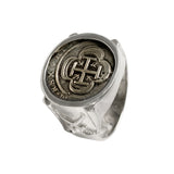 Atocha Silver historical Spanish coin replica ring handcrafted in 925 sterling silver. Each ring is completely handcrafted in Florida, USA.  All coins are made entirely from an 80lb bar of 100% silver recovered by Mel Fisher in 1986 from the wreck of the Nuestra Señora de Atocha off the coast of Key West. Comes as a Size 10 by default. Please call for other sizes: (800) 233-4820  Accompanying each coin is a certificate authenticating the Silver used in the coin's production. Item #12925