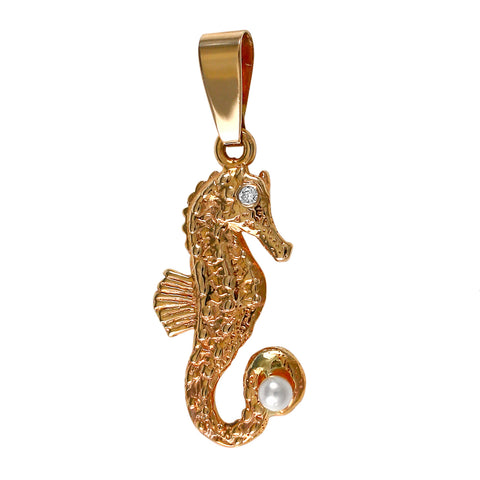 15877 - 1" Seahorse Pendant with Diamond and Pearl Accents