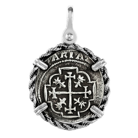 Atocha Silver 1 1/4" Spanish Replica Coin Pendant with Twisted Rope Frame & Shackle Bail - Item #18433